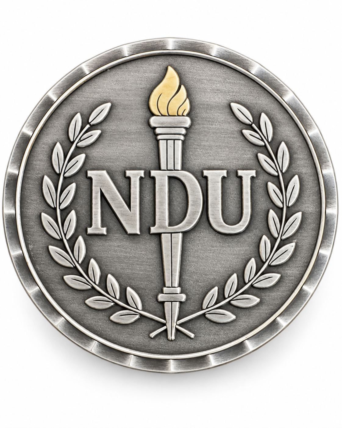 Back of silver NIC Student Coin, showing NDU lettering, laurel branches, and torch with gold flame