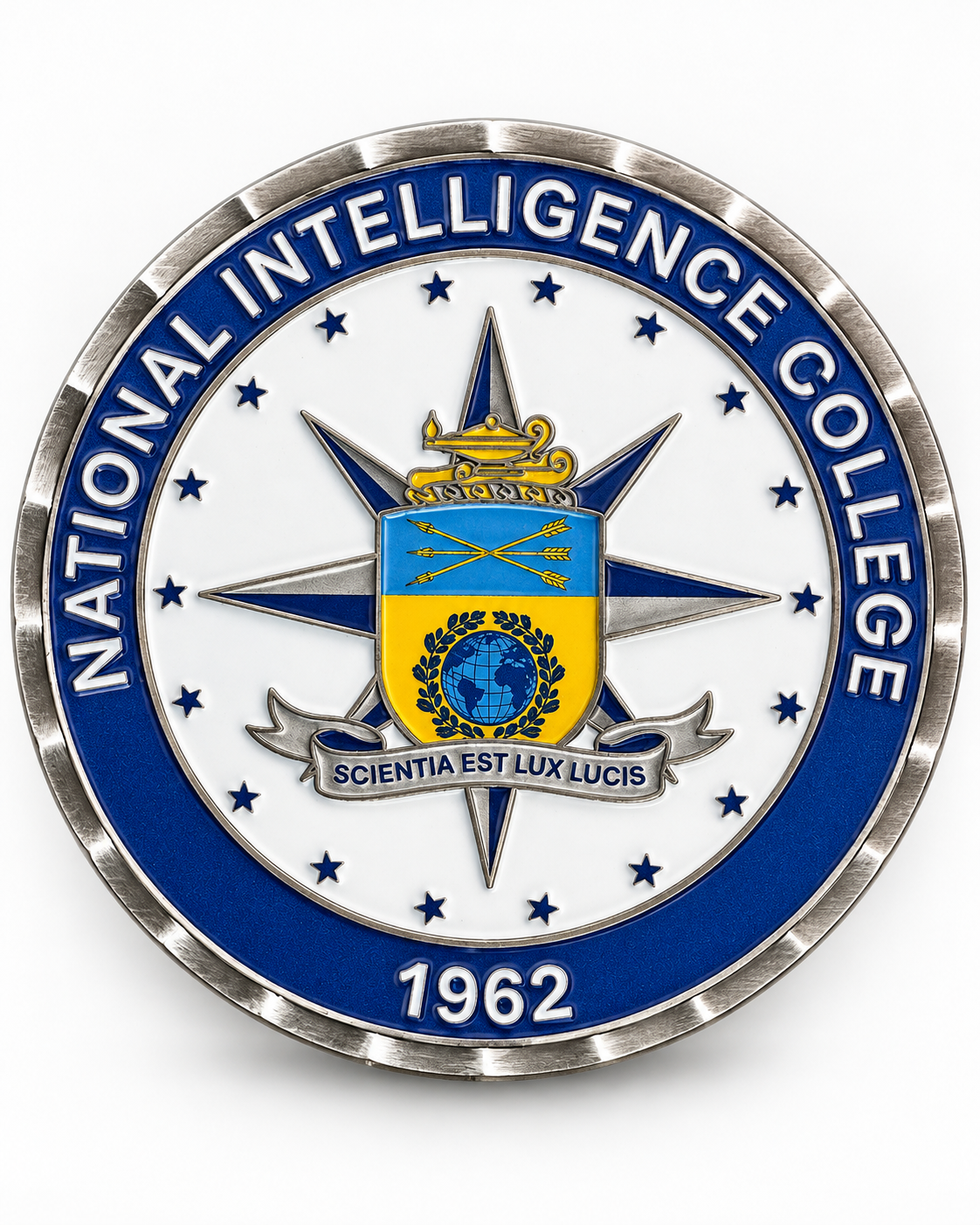 Front of silver NIC Student Coin, showing National Intelligence College insignia and 1962